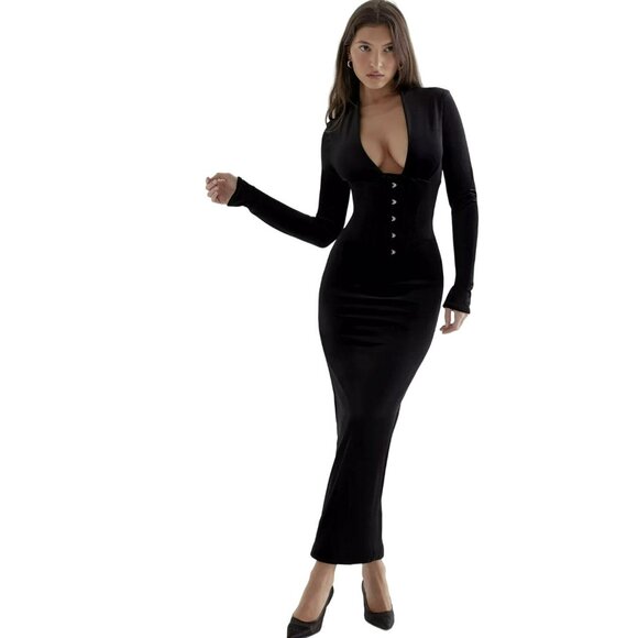 House Of CB Corset Black Velvet Plunge Neck Maxi Dress Size Small New - Picture 3 of 8